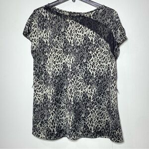 Apostrophe Leopard Blouse Women's LP Black Gray Short Sleeve Sheer Panel 80's